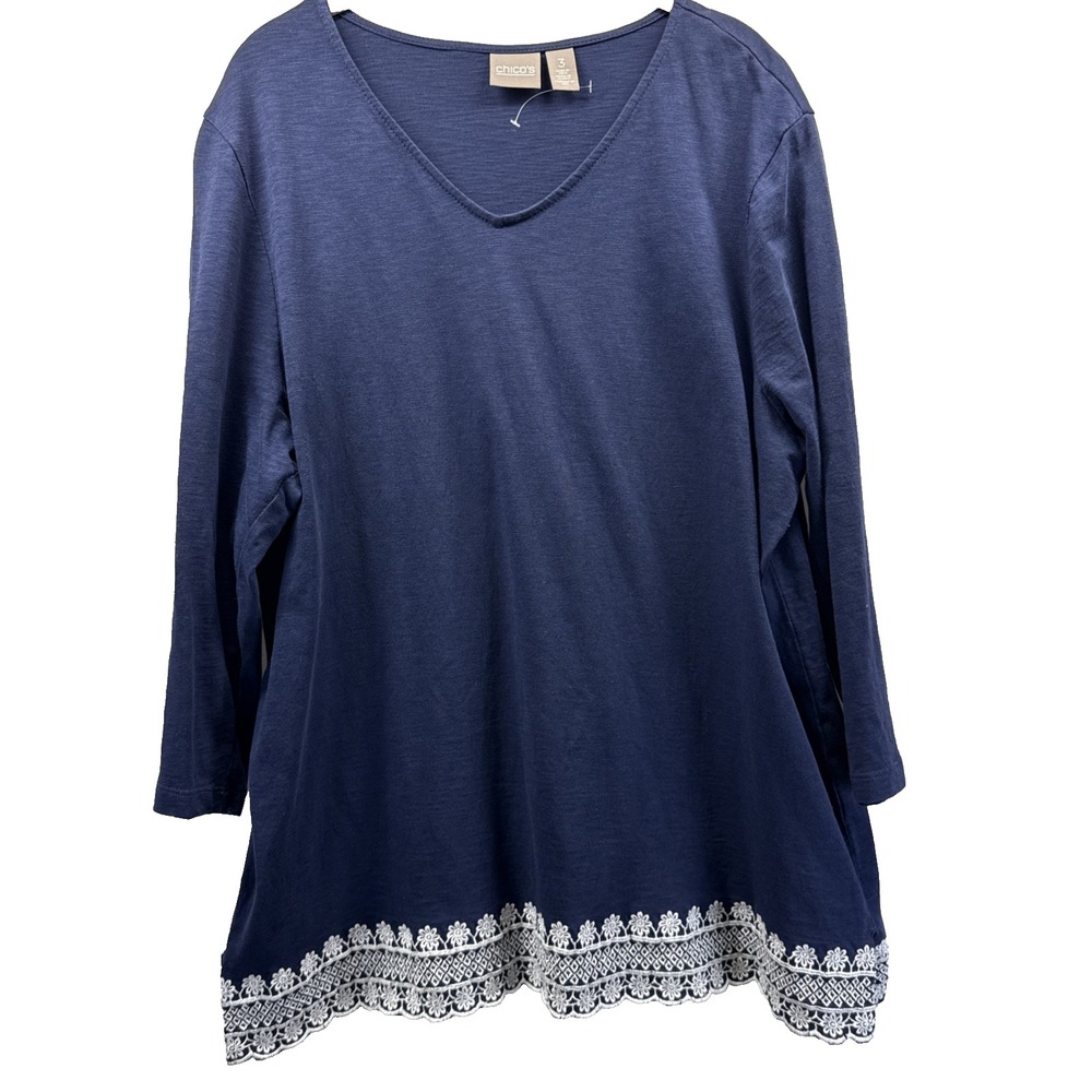 Chicos Women's Top Size XL Solid Blue White Hem Lace 3/4 Sleeves Pullover V Neck